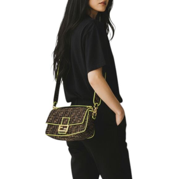 Fendi Handbags - Fendi Zucca Embroidered Canvas Baguette Medium Shoulder Bag Brown Neon Women's